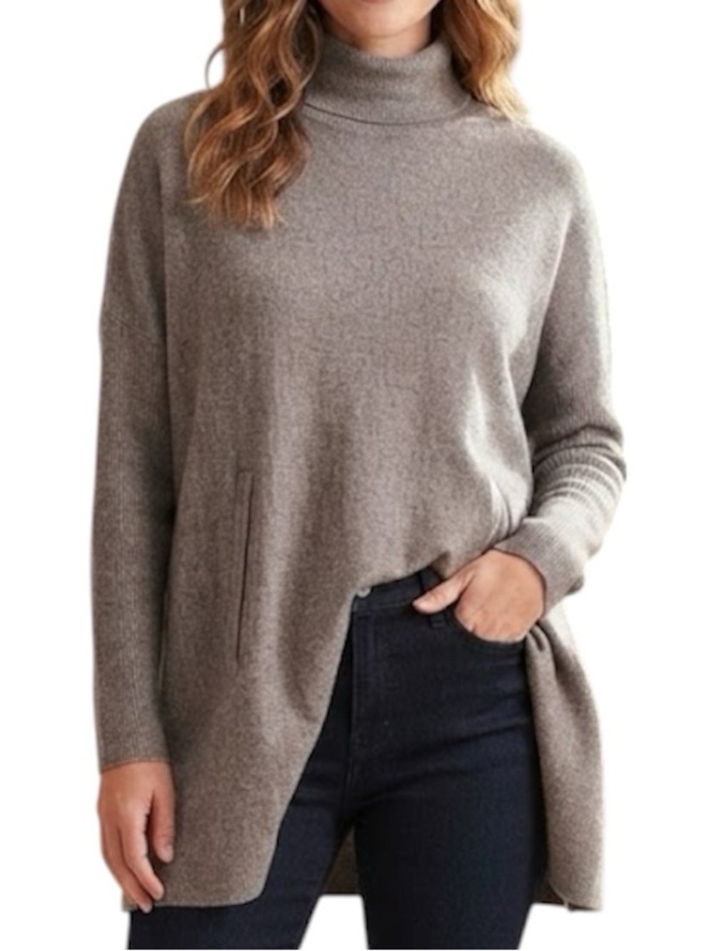 TAHARI Oversized Turtleneck Dolman Sweater Kangaroo Pockets Size S Neutral